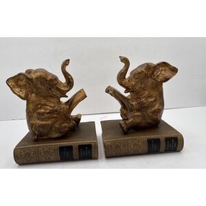 Vtg Elephant Heavy Book Ends With Imitation F. Scott Fitzgerald Book Base